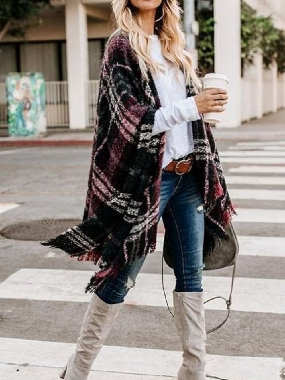 Bestshe Women's Boho Open Front Poncho Cardigan Plaid Shawl Wrap Cape